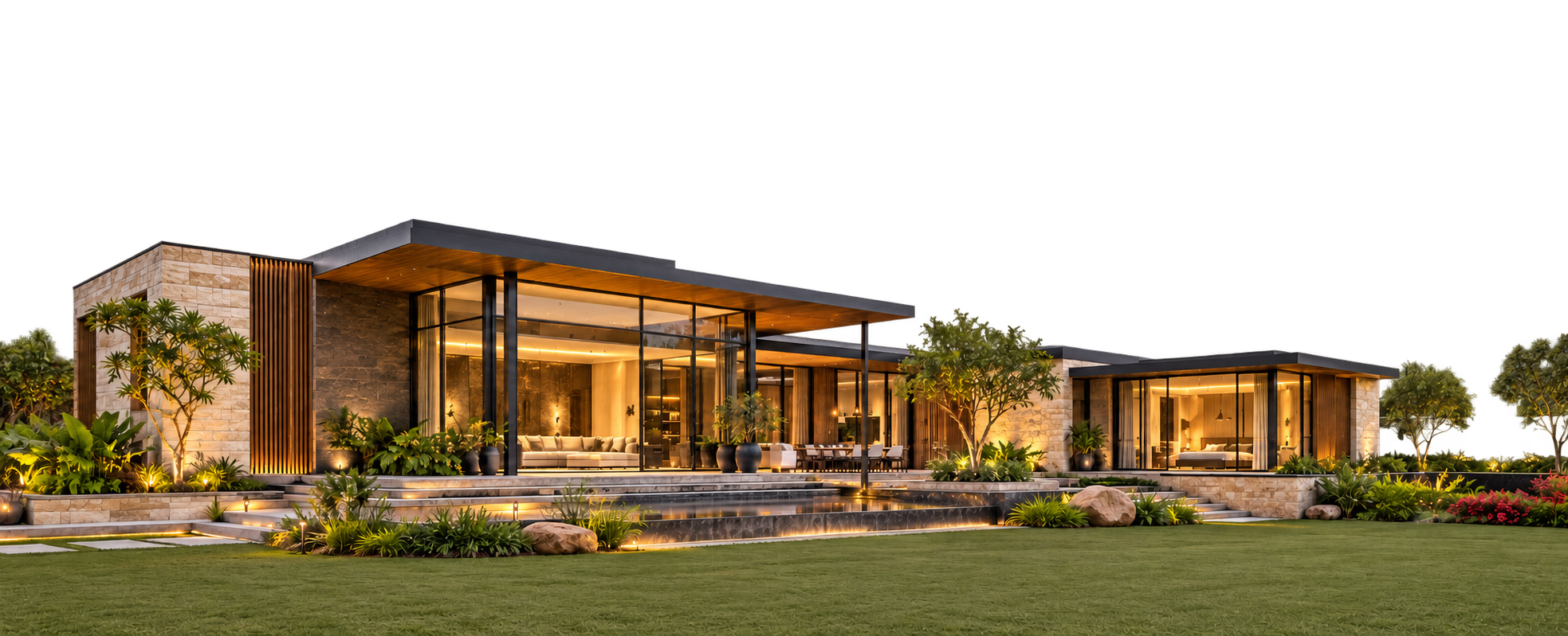 Contemporary luxury bungalow with stone, timber and expansive glazing